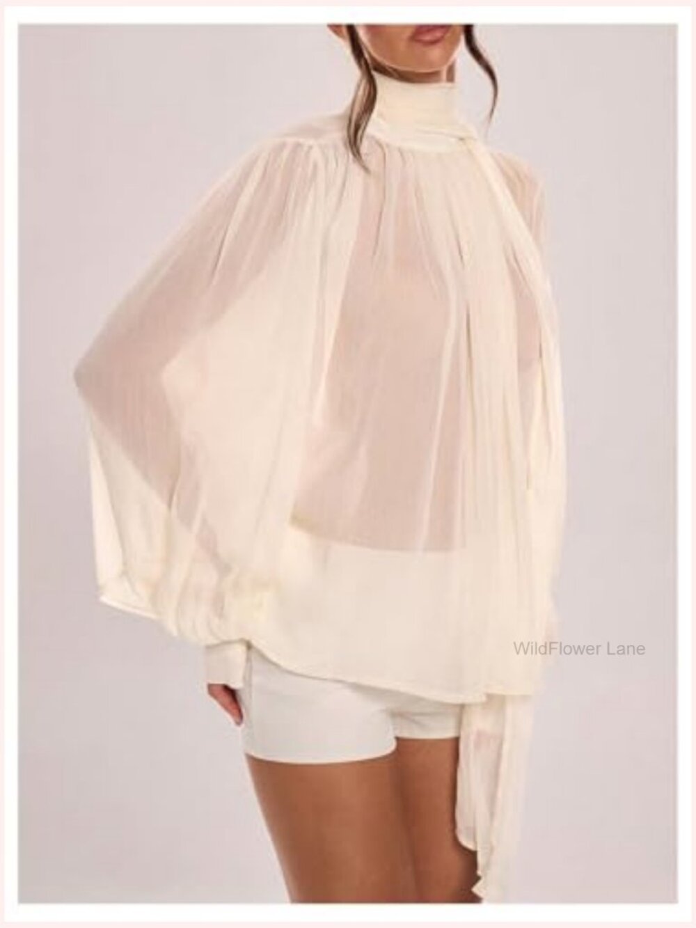 Women's Sheer Chiffon Blouse Lantern Long Sleeve Oversized Top with Scarf - Picture 3 of 6